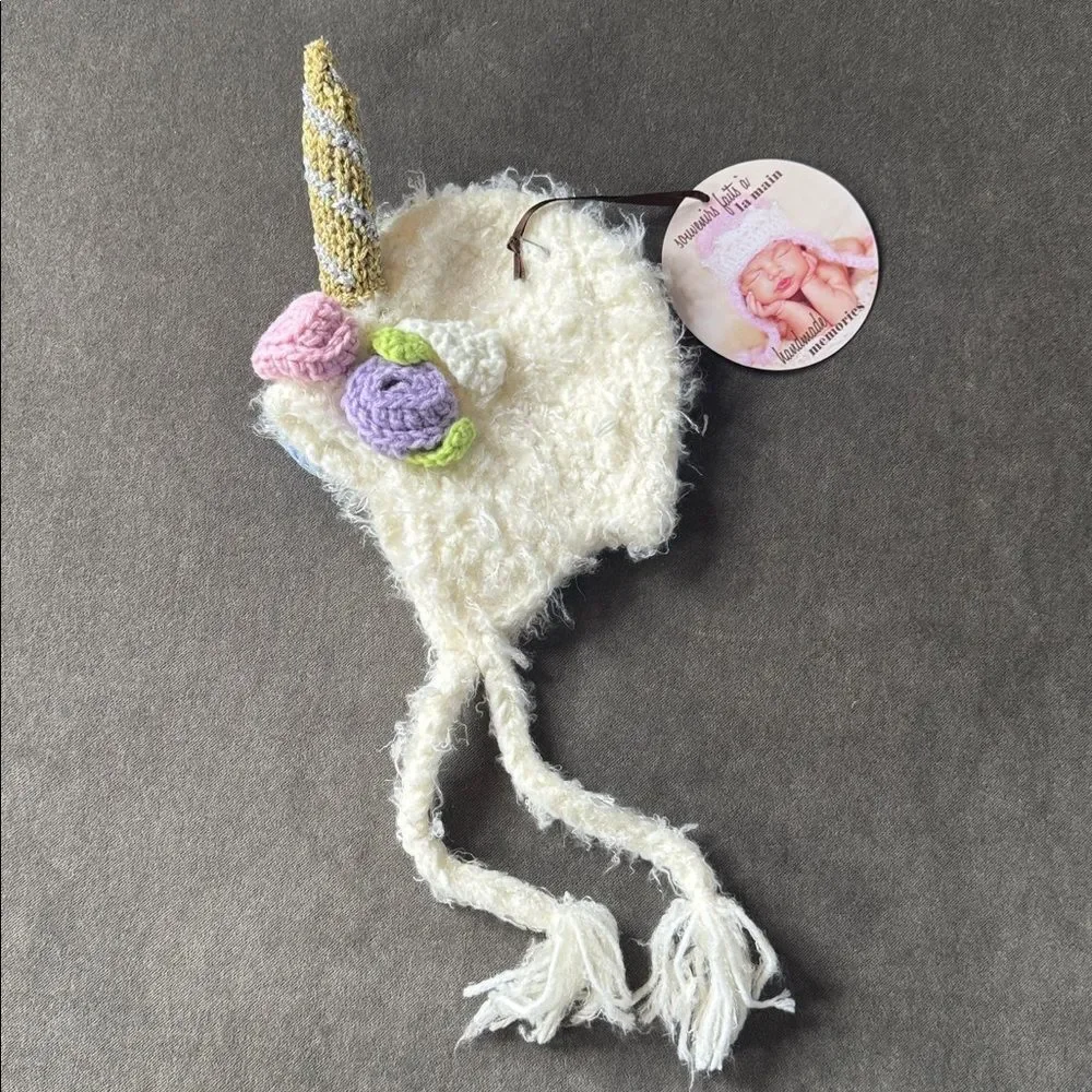 Daisy Baby Girls Infant Unicorn Beanie Hat White with Flowers 0-6 month NWT